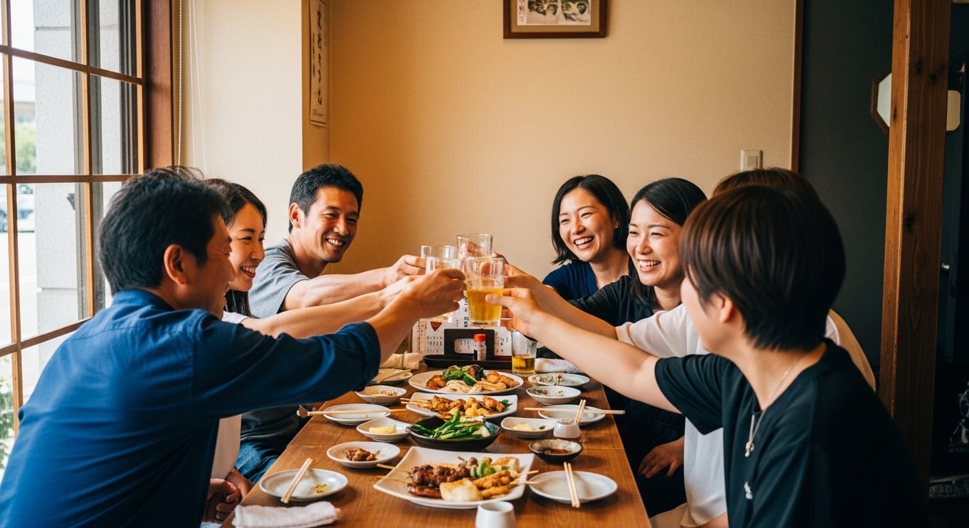 テーブルを囲んで乾杯する家族連れ